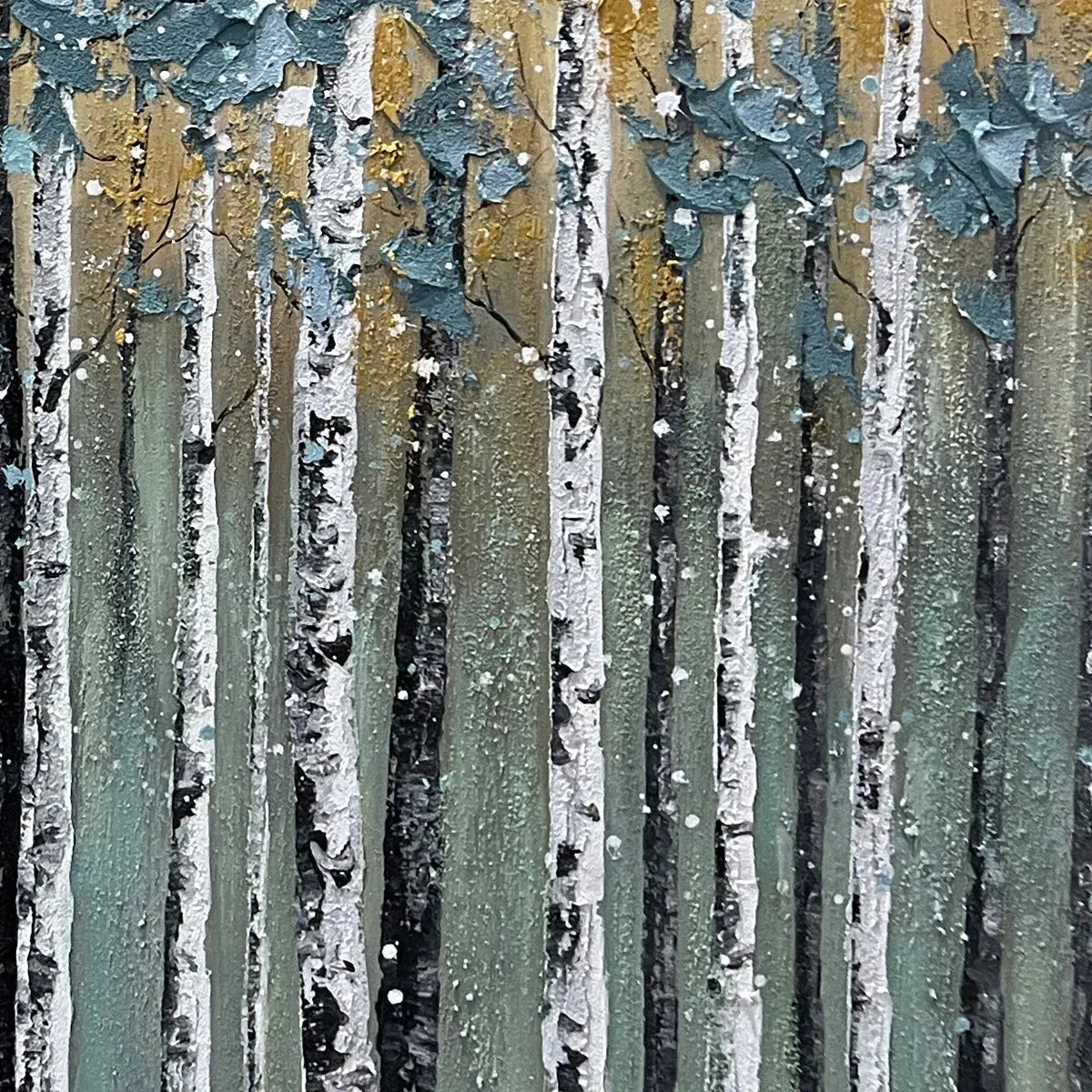 GOLDEN BIRCH GROVE: Textured Birch Tree Painting, Gold and Green Wall Art, Horizontal Canvas, Forest Decor