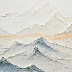 Textured abstract mountain painting 'Tranquil Peaks' by Chen Liu, beige, blue, peach hues.