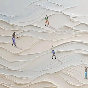 Fairway Vista golf course painting by Liam O'Connell. Textured landscape with miniature golfers, ideal for office spaces.