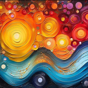 COSMIC WHIRL impasto: yellow/orange circles to blue waves. Textured abstract art by Willow Davies.