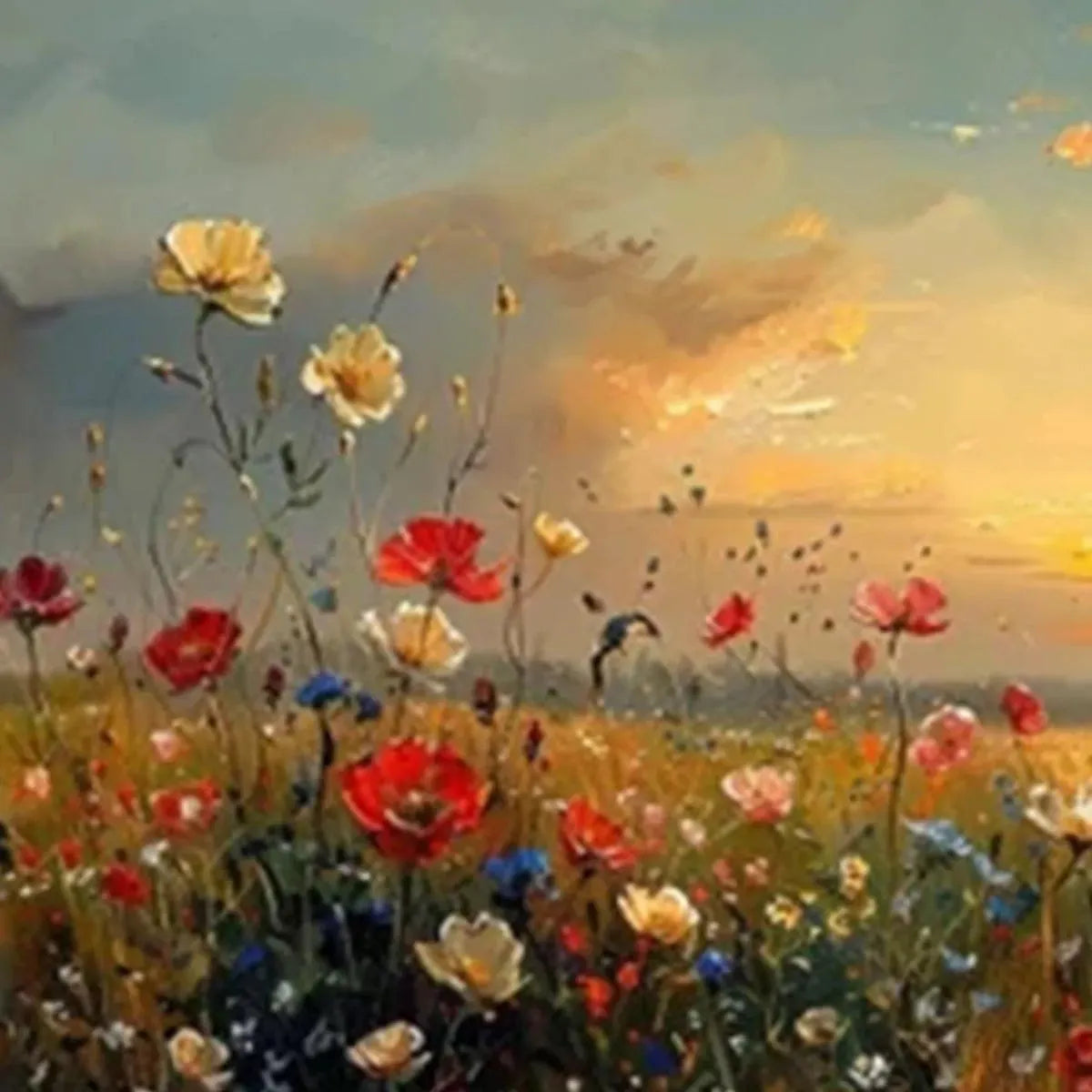 Sunset Field | Red, Orange, Blue Wildflower Painting
