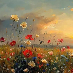 Liam O'Connell "Sunset Field" oil painting: red, yellow, blue wildflowers at golden sunset. Horizontal landscape art.
