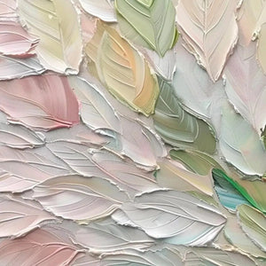 Close-up of Pastel Dream impasto painting, showing thick pink, green, and cream textured brushstrokes forming leaf shapes.