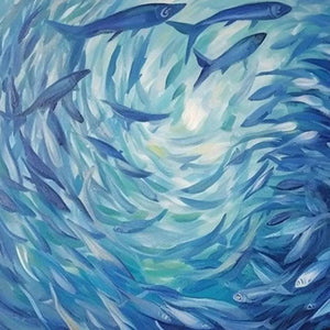 Full view of 'Oceanic Whirl' painting: dynamic blue fish school, swirling motion, fluid artistic brushwork.