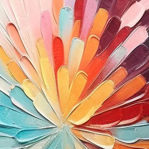 Textured impasto brushstrokes from 'Colorful Radiance' abstract art, showing bold pink, orange, yellow, and turquoise.