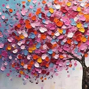 Textured impasto painting of a vibrant tree with jewel-toned pink, orange, blue, and yellow leaves.