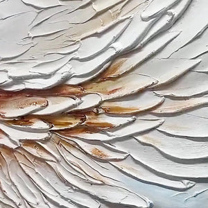 Textured Angel Wings painting detail: white and gold, serene art. MontCarta artwork with visible brushstrokes.