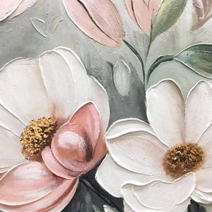Thick impasto paint forms textured pink and white blossoms with gray-green background, close-up view.