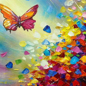 Detail: "Butterfly Flight" impasto painting by Willow Davies, featuring a vibrant butterfly and abstract colors. Page Type: Artwork Detail.