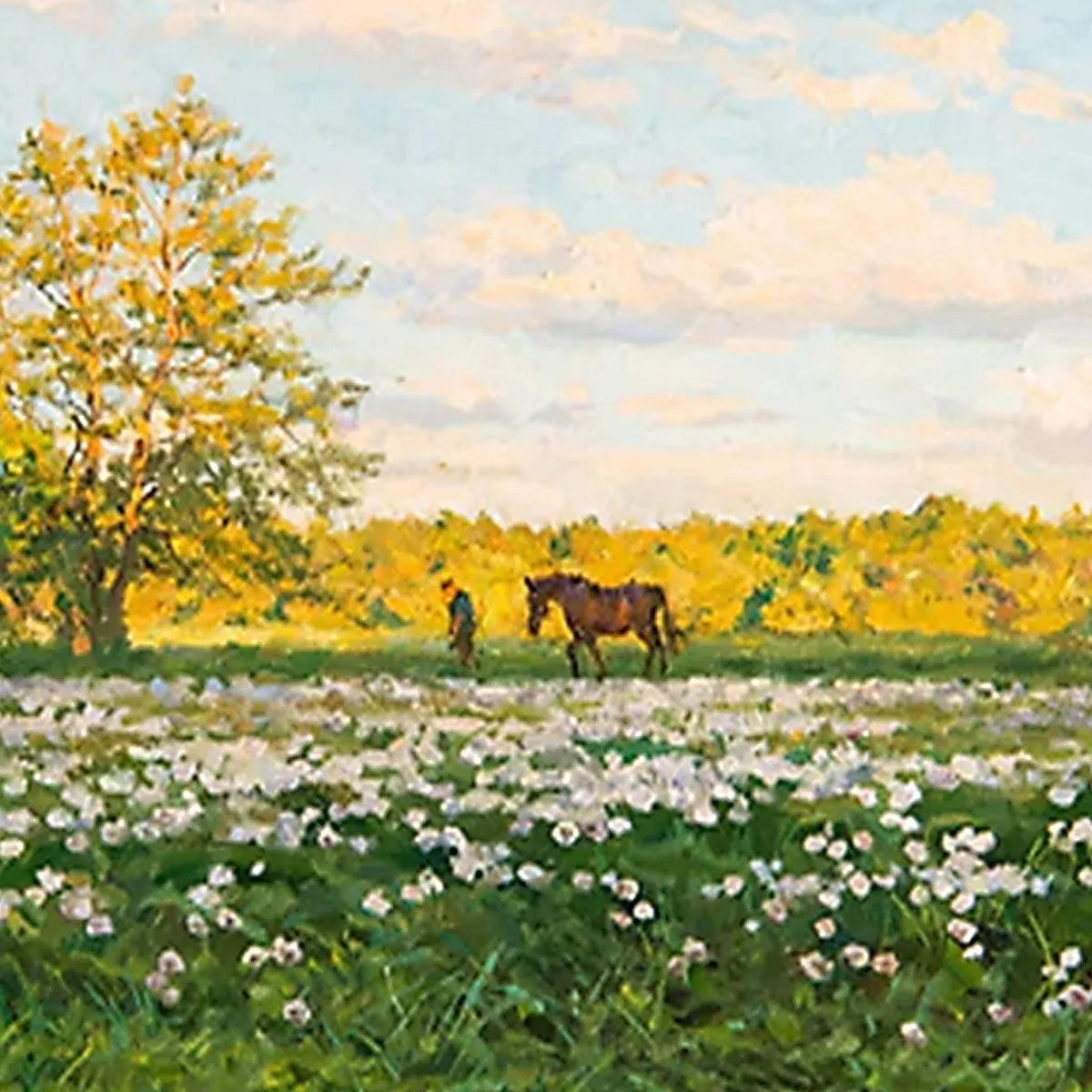 SUNLIT MEADOW: Tranquil Landscape Painting with Horse and Figure