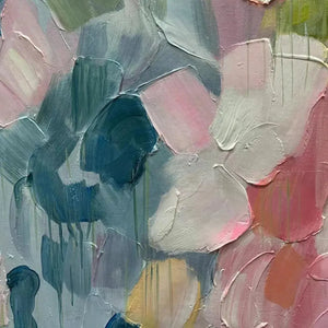 Pastel Dream abstract floral art: thick impasto texture in soft pink, teal, and cream hues by Willow Davies.