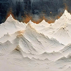 Original textured impasto painting of snowy white mountains with gold accents.