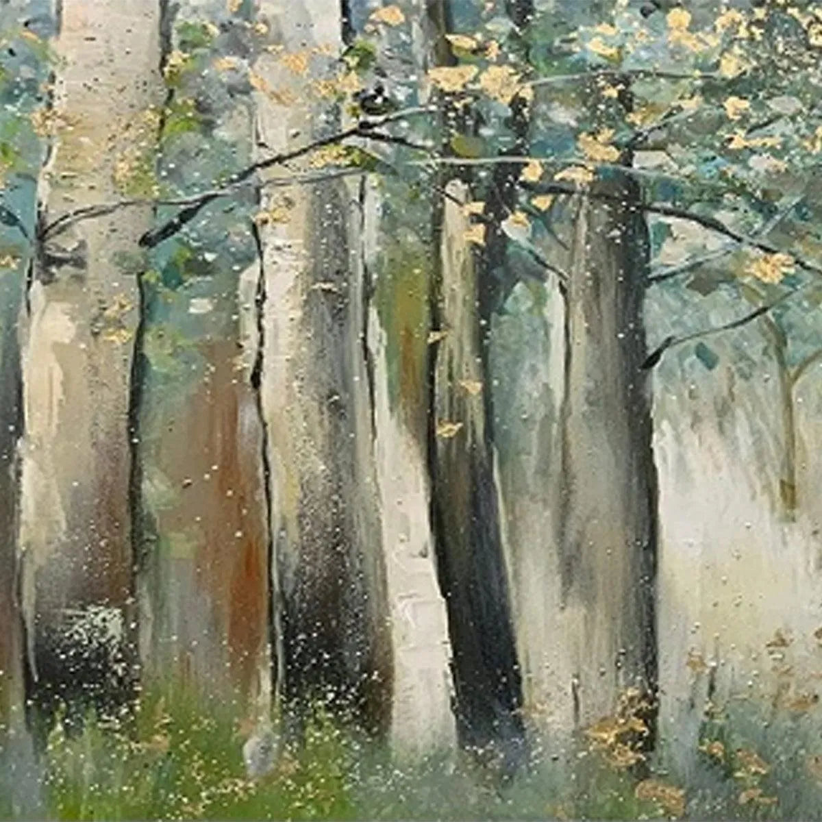 WHISPERING WOODS: Serene Green and Gold Forest Landscape Painting