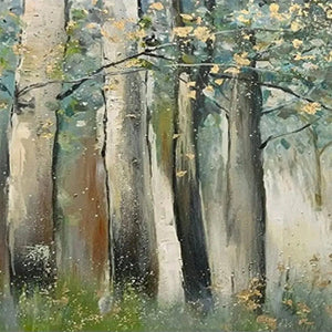 Original oil painting: green and gold forest landscape, impasto texture, visible brushstrokes.