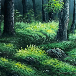 FOREST PATH: Liam O'Connell panoramic green forest oil painting with dappled sunlight on mossy ground.