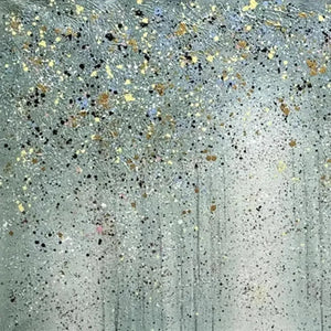 GOLDEN RAIN handmade horizontal abstract painting by Willow Davies: green & gold textured rain effect.