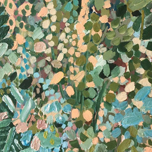 Elodie Dubois 'Enchanted Garden' vertical abstract floral painting, green, blue, peach, impressionistic brushstrokes.