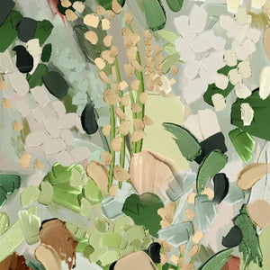 Close-up of 'Whispering Meadow' abstract floral painting, showcasing green, white, and gold impasto texture.