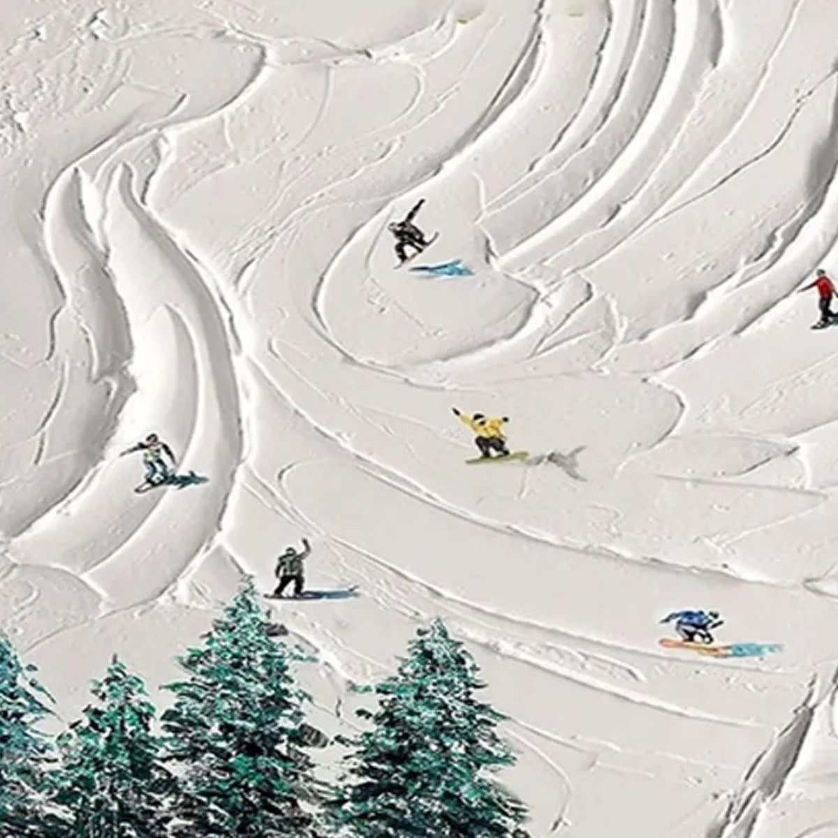 SNOWY PEAKS: Textured Minimalist Winter Landscape Painting with Skiers