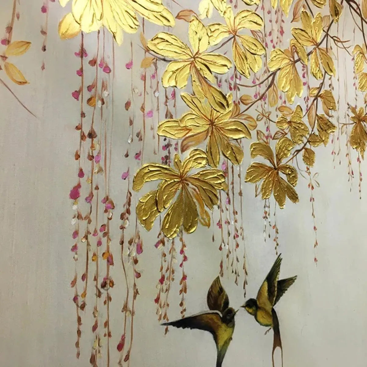 GOLDEN GARDEN: Panoramic Golden Leaf and Bird Painting | Asian Art