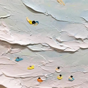 Willow Davies' Summer Beach painting detail. Textured impasto of swimmers and surfers in the waves, vibrant colors on canvas.