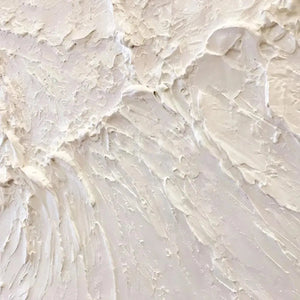WHITE SANDS painting texture close-up, thick impasto off-white and cream strokes resembling sand dunes.