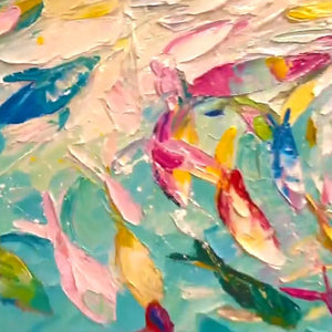 Close-up of Willow Davies' Ocean Currents: textured abstract seascape painting with colorful fish.