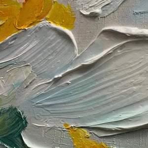 Elodie Dubois White Blossoms textured floral painting, white and yellow flowers, impasto technique, original artwork