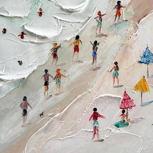 Textured impasto beach scene art by Isabella Rossi, showcasing colorful umbrellas and figures enjoying the day.
