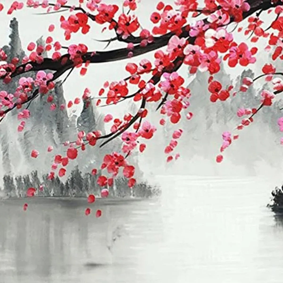 CHERRY BLOSSOM SERENITY: Horizontal Cherry Blossom Landscape Painting