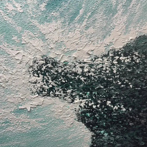 Close-up of TURQUOISE CRASH abstract seascape painting with textured teal and black waves by Liam O'Connell