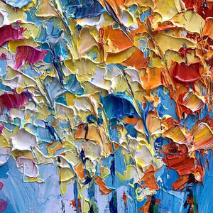 Textured impasto painting detail: vibrant 3D brushstrokes in orange, blue, yellow, magenta.