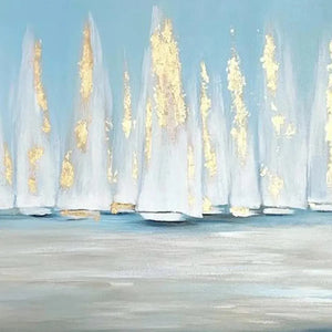 Golden Sails abstract art: textured white sailboats with prominent gold foil details and light blue brushwork.