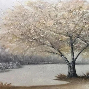Textured 'Twilight Trees' painting by O'Connell, highlighting visible brushstrokes, neutral palette of trees and water.
