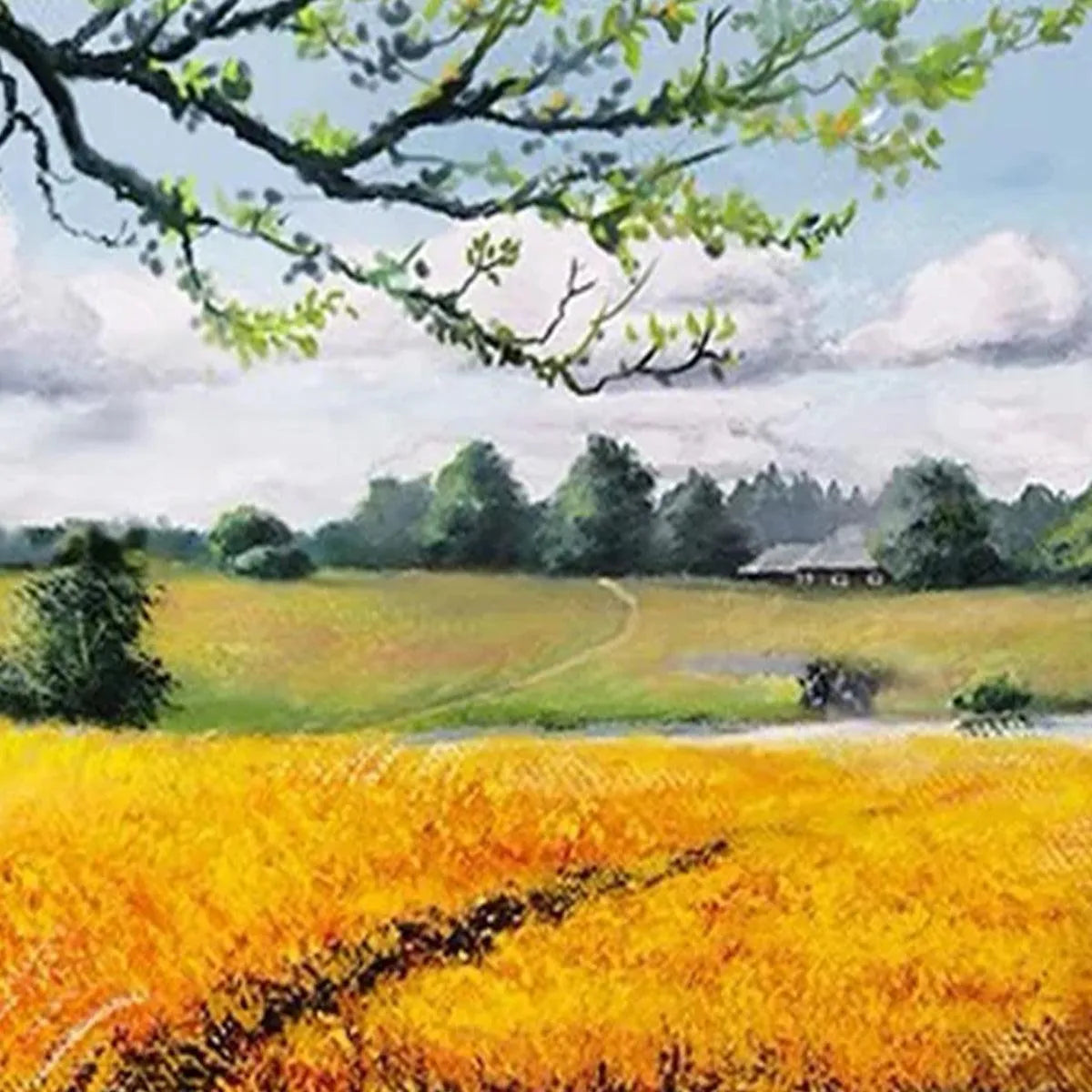 GOLDEN HARVEST: Tranquil Landscape Painting of a Golden Field