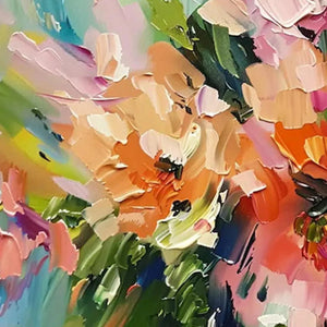 Blushing Blooms textured impasto art detail: vibrant pink, orange, green, blue brushwork, rich dimensionality.