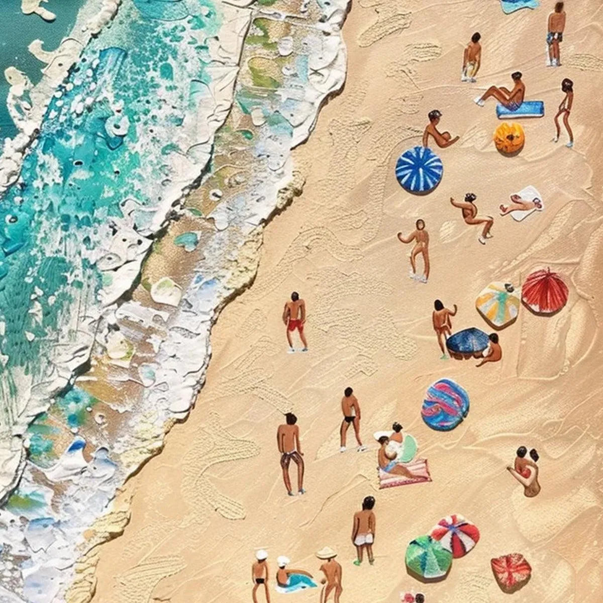 SUN-KISSED SHORES: Textured Beach Scene Painting with Figures