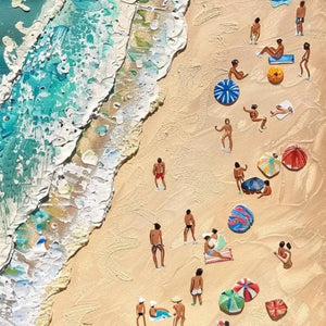 Textured aerial painting of beach with turquoise waves, golden sand, figures, and umbrellas. Isabella Rossi artwork.