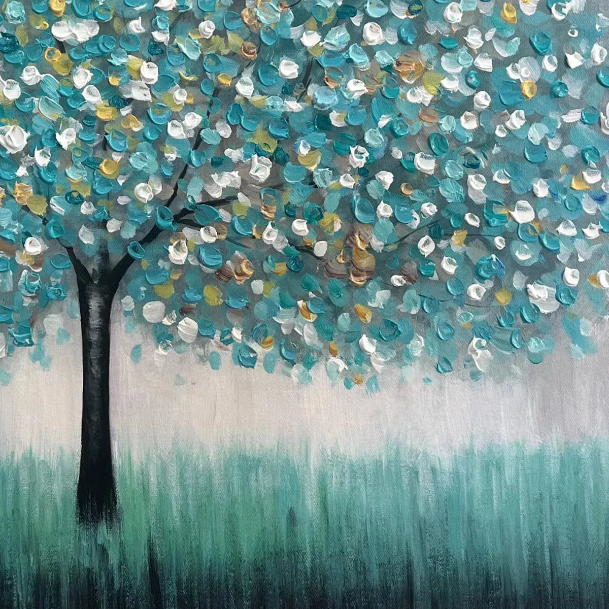 TEAL DREAM: Textured Tree Painting in Teal and Grey, Horizontal Canvas, Modern Wall Art