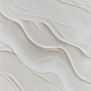 Close-up of Serene Ripples textured white abstract painting, showcasing deep impasto wave patterns and minimalist depth.