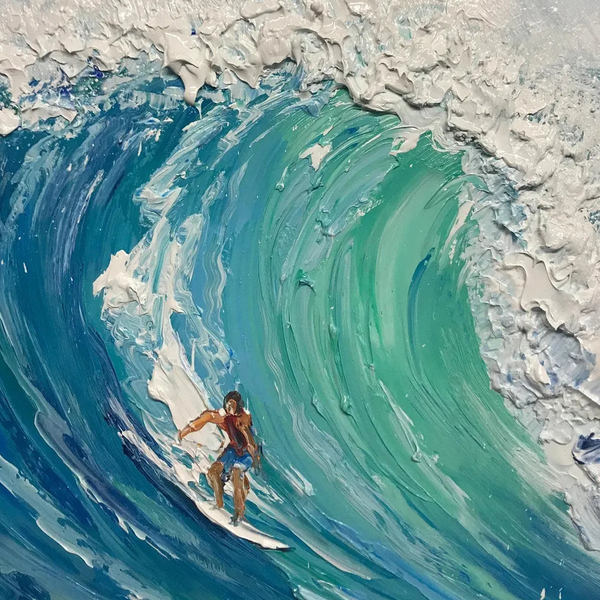 EMERALD SURGE: Textured Blue Ocean Wave Painting with Surfer