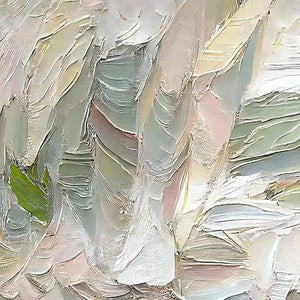 Close-up texture of Pink Whispers abstract painting with thick impasto brushstrokes in pink, green, and white.