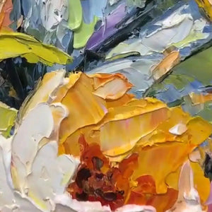 Close-up of original handmade impasto floral painting texture, with thick yellow and orange paint strokes by Elodie Dubois.