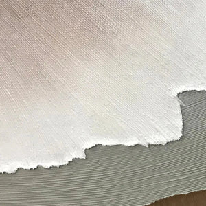 Textured abstract earth tones painting close-up: impasto layers, off-white, light grey, diagonal brushstrokes.