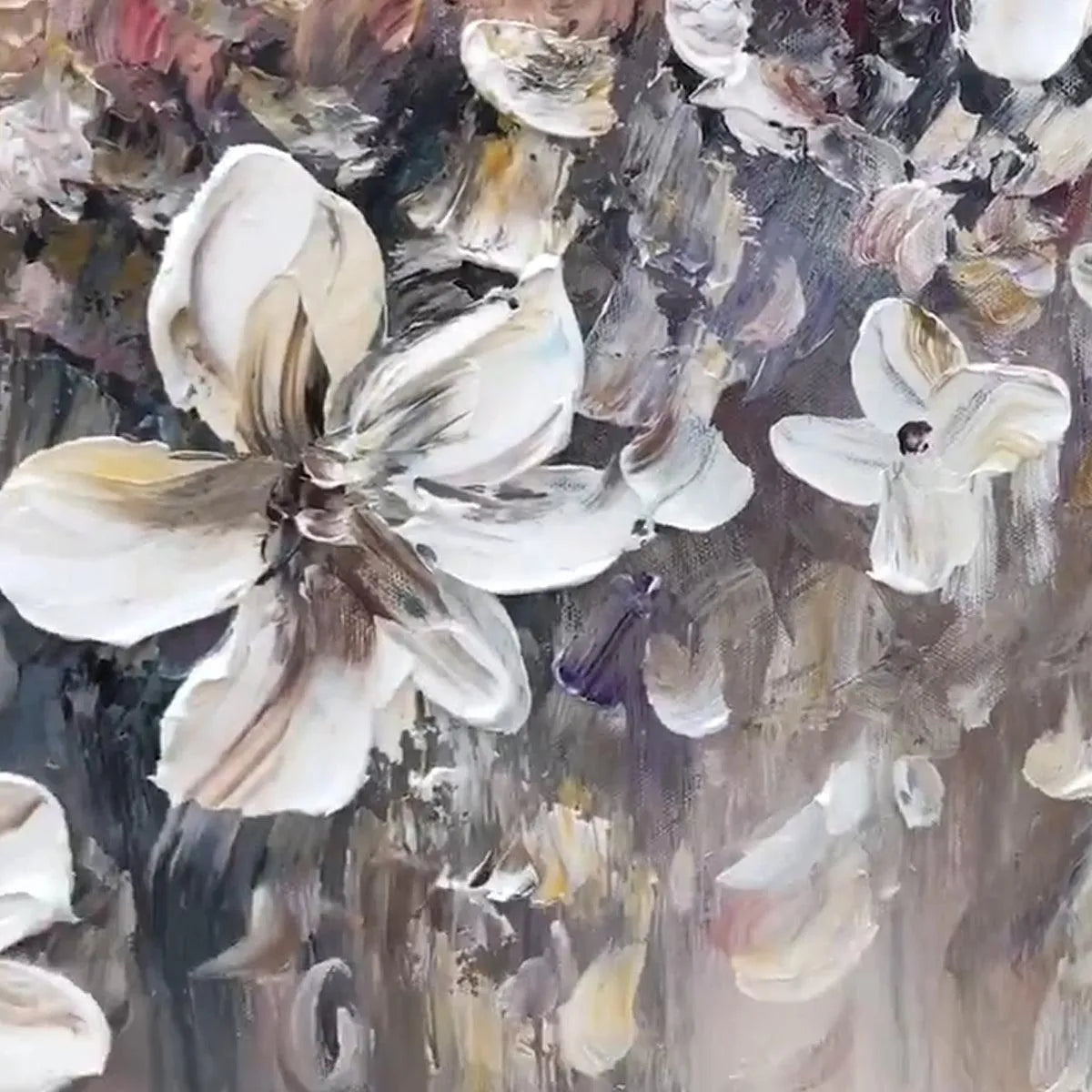 WHISPERING BLOSSOMS: Textured Beige and White Floral Impasto Painting