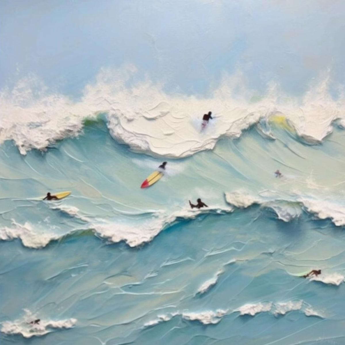 OCEAN'S HEARTBEAT: Panoramic Ocean Wave Painting with Surfers for Living Room