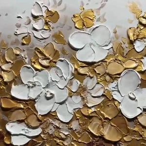 Textured impasto floral painting: thick white and gold brushstrokes, Elodie Dubois, opulent charm, material detail.