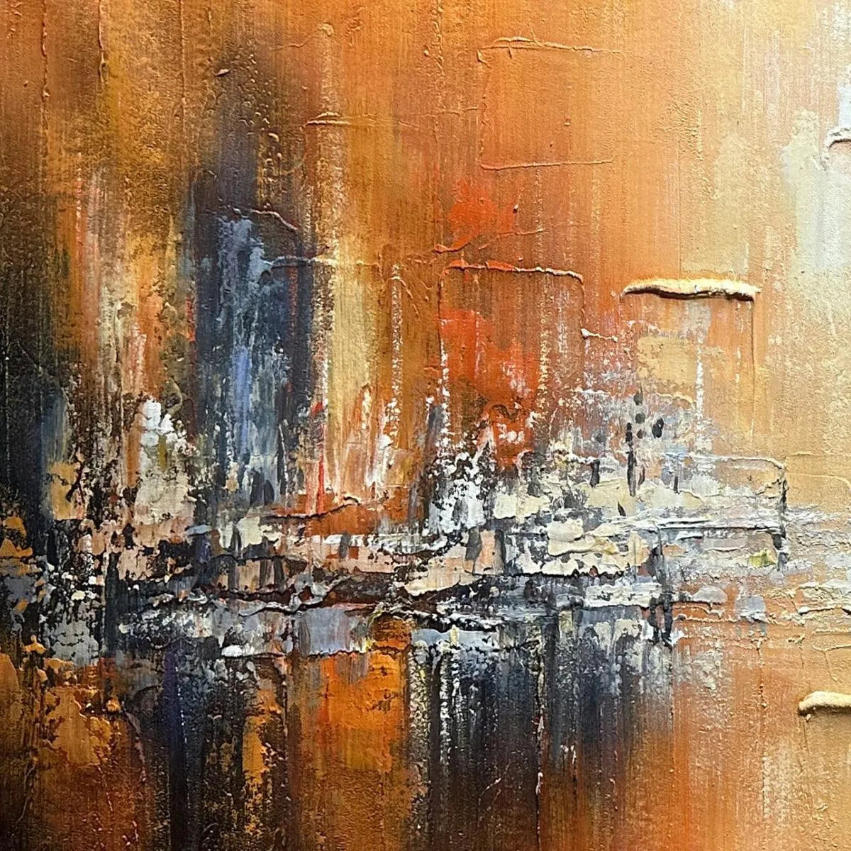 GOLDEN CITY: Textured Abstract Cityscape Painting in Orange and Blue