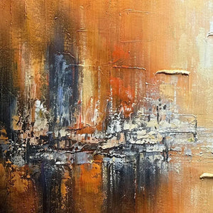 Golden City impasto painting close-up, textured abstract cityscape with orange, blue, gold brushstrokes by Isabella Rossi.