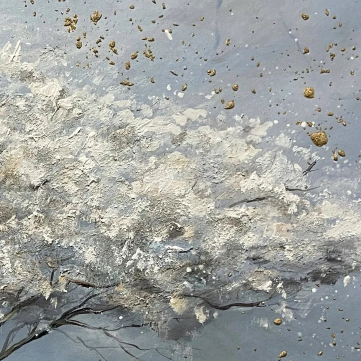 SILVER LINING: Textured White and Gold Tree Painting on Grey Background